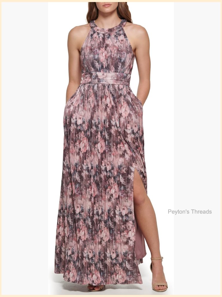 Metallic Knit Sleeveless Halter Neck Pleated Gown Dress